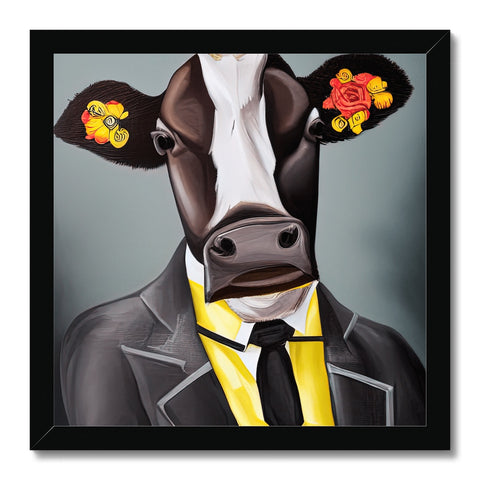A picture of a cow in front of a table holding some flowers.
