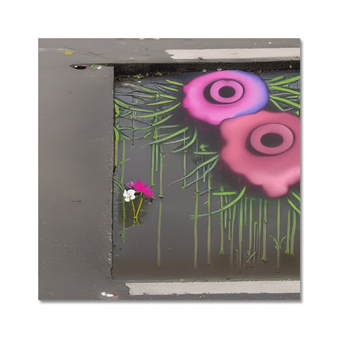 A spray painting on a green wooden toilet lid on top of a wall.