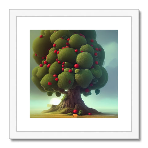 Art print of a blossom tree hanging from a tall and bright red tree.