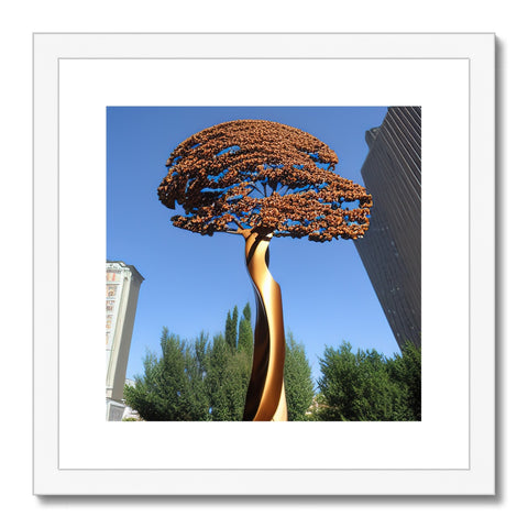 A large painting of a tree with a metal sculpture.