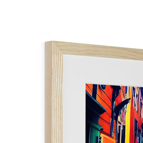 A picture frame with a group of wood framed art.