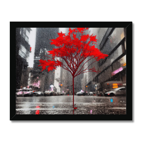 The rain jacket is a photo print made of a red tree near trees.