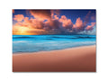 A colorful print of a beach with ocean in the background and clouds.