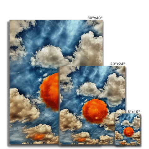 A colorful wall mural printed on a tile floor with a sky and clouds.