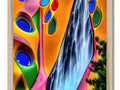 A large colorful artwork with cascading water flowing in a picture on a wooden wall.