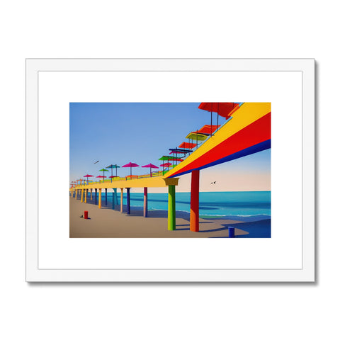 A colorful print of a lifeguard tower with ocean blue and white beach with a sunset