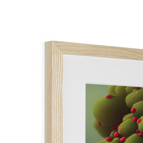 Bold image of a green tree on wooden frame holding a framed image.