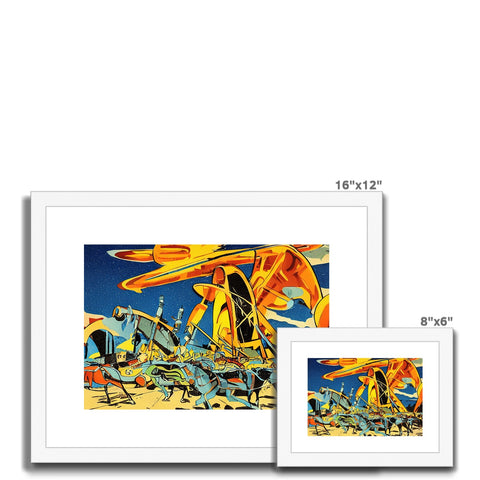 Four art prints of flying boats and a windsurfer on a deck