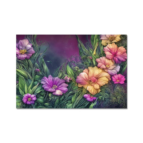 The colorful art print is on a white sheet with purple flowers on it.