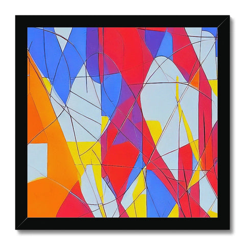 An abstract artwork on a wall framed in colored glass is displayed as a small drawing of