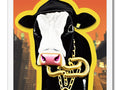 A cow with a cow bell on top of its head on a white background.