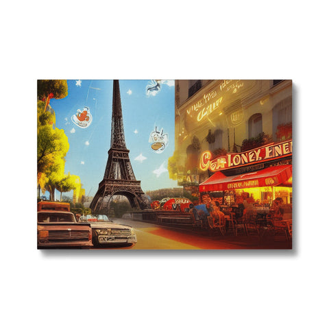 A place mat of cards with the Eiffel on it surrounded by art print on