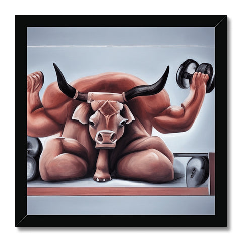 Two bulls are eating at the table and an image of a cow on the wall.