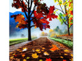 Art print on wall with autumn trees and flowers with autumn foliage in it.