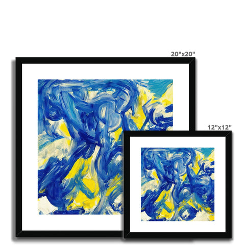 a framed art print with a blue and yellow background on it