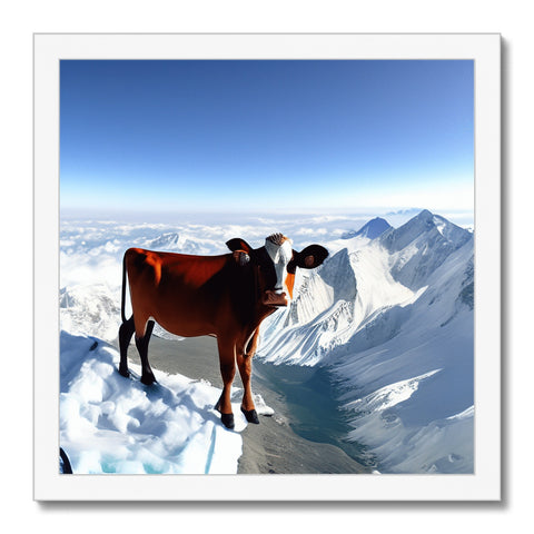 a cow standing on top of a mountain on a mountain looking toward the earth