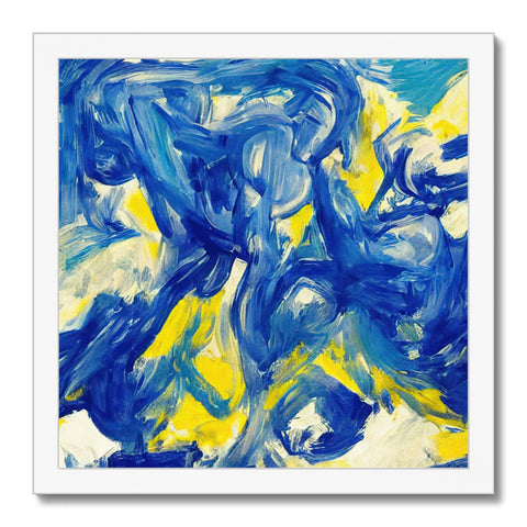 a blue and yellow painting painted by a medium on a white background