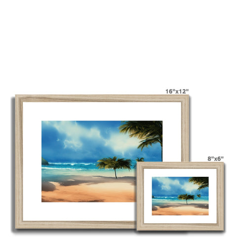 A set of beach pictures hangs on the wall with a tree with a wooden island near