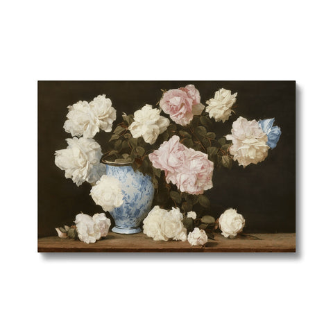 A vase of pink roses sitting in an art print with a small vase on