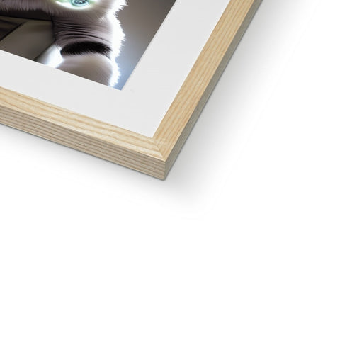 An image frame with a picture in it with a white cat sitting on it.