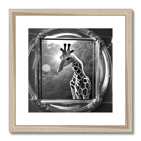 A giraffe framed photo with a black and white picture on a frame.