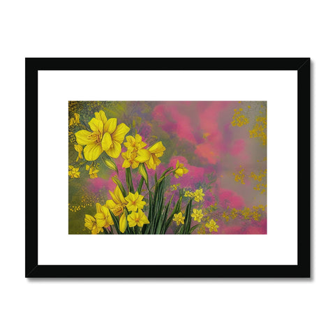 A pair of pink and yellow daffodils holding a white hand printed piece of