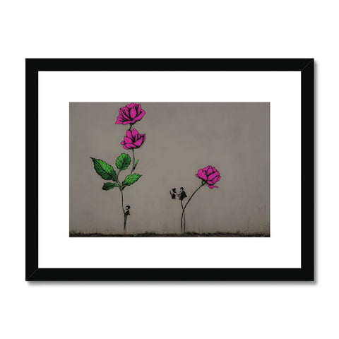 An art print by Mark Gushko depicting pink flowers on a wall in one corner