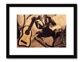 Man playing guitar near picture of a black painting on art print.