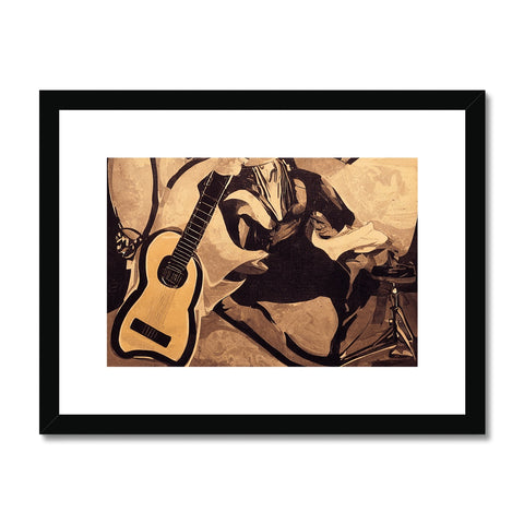 Man playing guitar near picture of a black painting on art print.