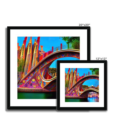 The photograph is of a colorful art print of a bridge and an arched structure.