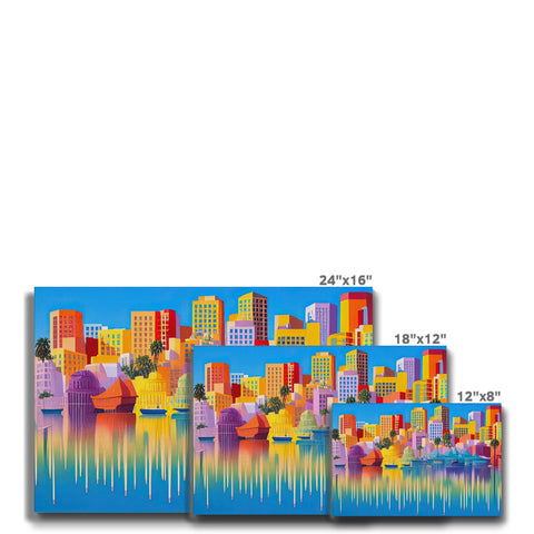 An art print in a blue city skyline with many large buildings and streets.
