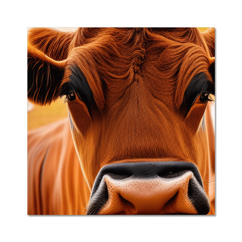 a brown cow is with red hair and is looking at the camera.