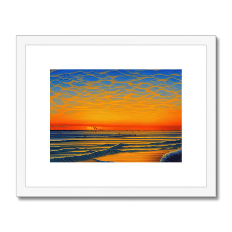 A wooden art print is decorated with a sunset looking on a beach