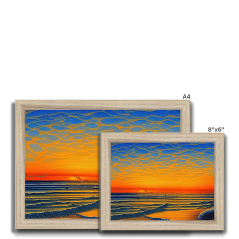 A picture frames of a scene with a sunset against a white background.