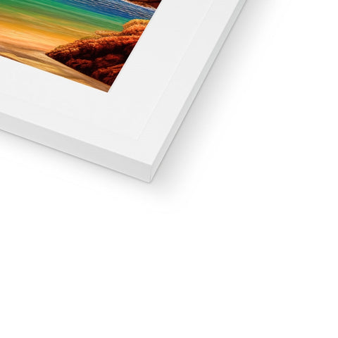 A photo of a rainbow sitting on a white picture frame.