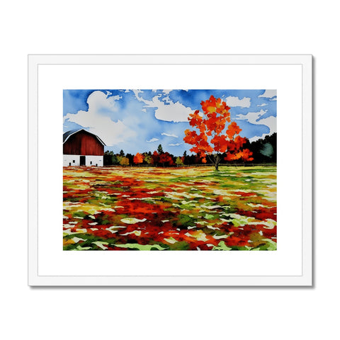 Fall colors and a colorful farm area are seen on the frame of a painting.