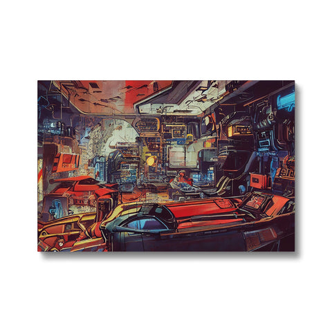 An industrial environment with an art print on the walls.