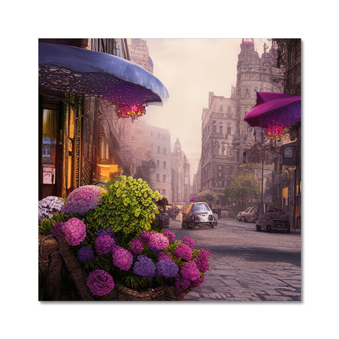A large white paper printed photograph of a street with many colourful flowers on the front of