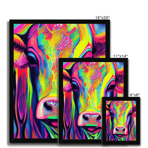 Art print with three cows in the background standing in a barn surrounded by flowers and animals