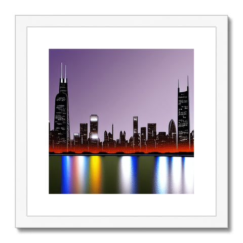 This art print is a view of a city skyline with many buildings and trees.