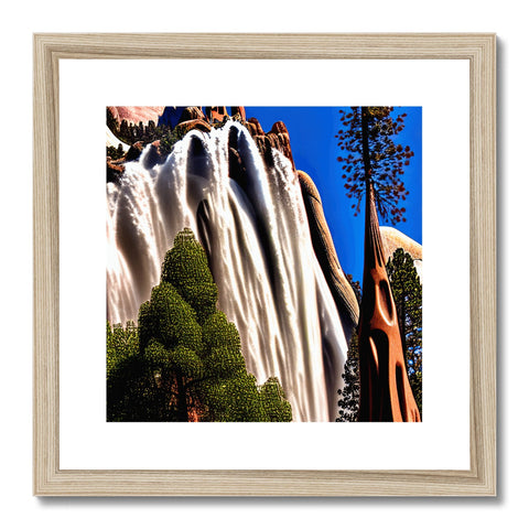 Art print of a tree standing close by near a rock and a valley.