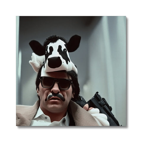 A man standing beside a cow with a white mustache.