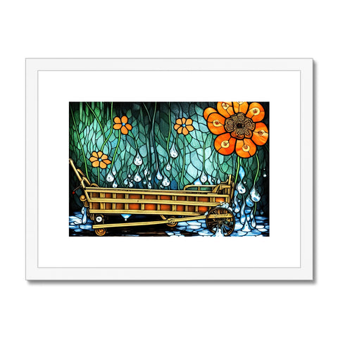 A boat filled with wooden paddle boats in a river beside an art print.