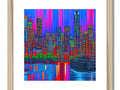 The skyline of a city covered in a colorful print on a wooden frame.