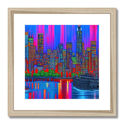 The skyline of a city covered in a colorful print on a wooden frame.
