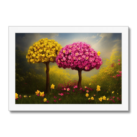Art print of trees with flowers surrounding a white card on the table.