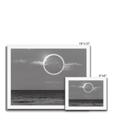 An art print of several black and white images near two white colored landscapes.