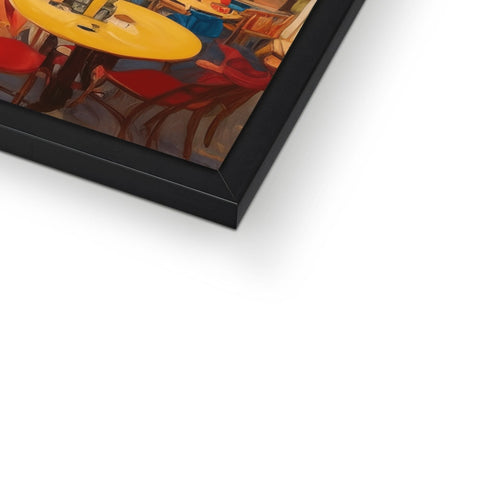 A white picture frame sitting on a table with different colored artwork.