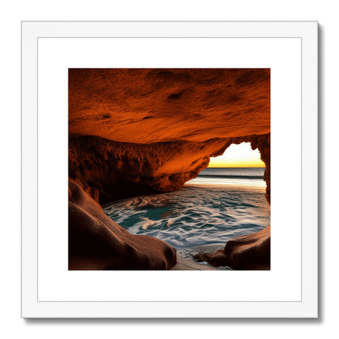A gold print framed image of beautiful white sea sitting on a beach in a dark cave