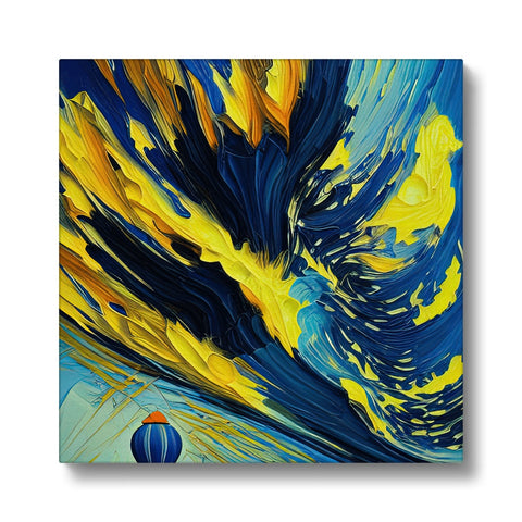 A large white painting of a colorful wave on an ocean table.